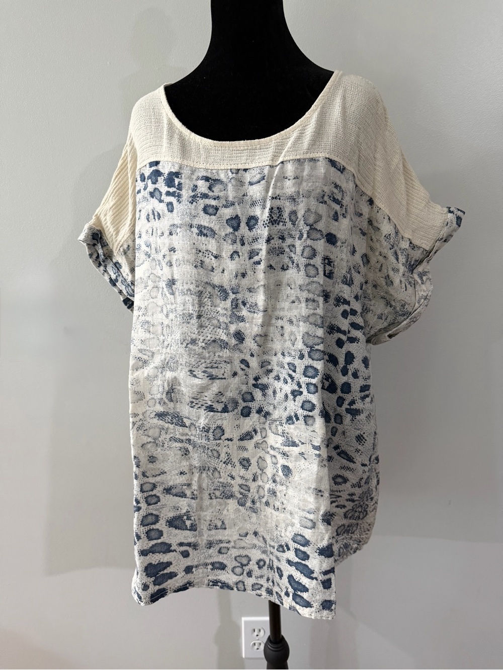 VINTAGE Lungo L’Arno Cream Blue Italian Linen Boho Women's PLUS Shirt Top Tunic